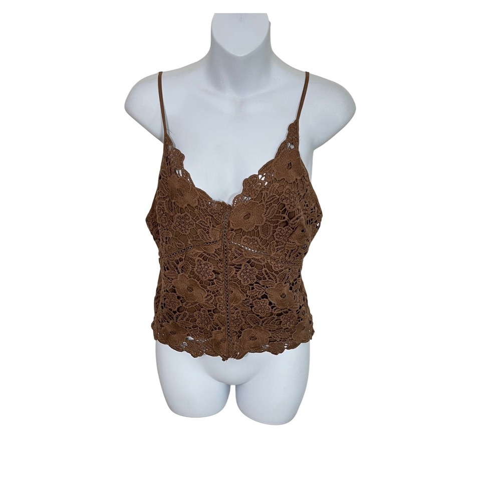 Ambiance Crochet Cami Top Women Large Brown Floral Lace Adjustable Straps Boho